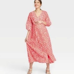 The Nines By Hatch Red Floral Buttoned Cotton Maternity Maxi Dress